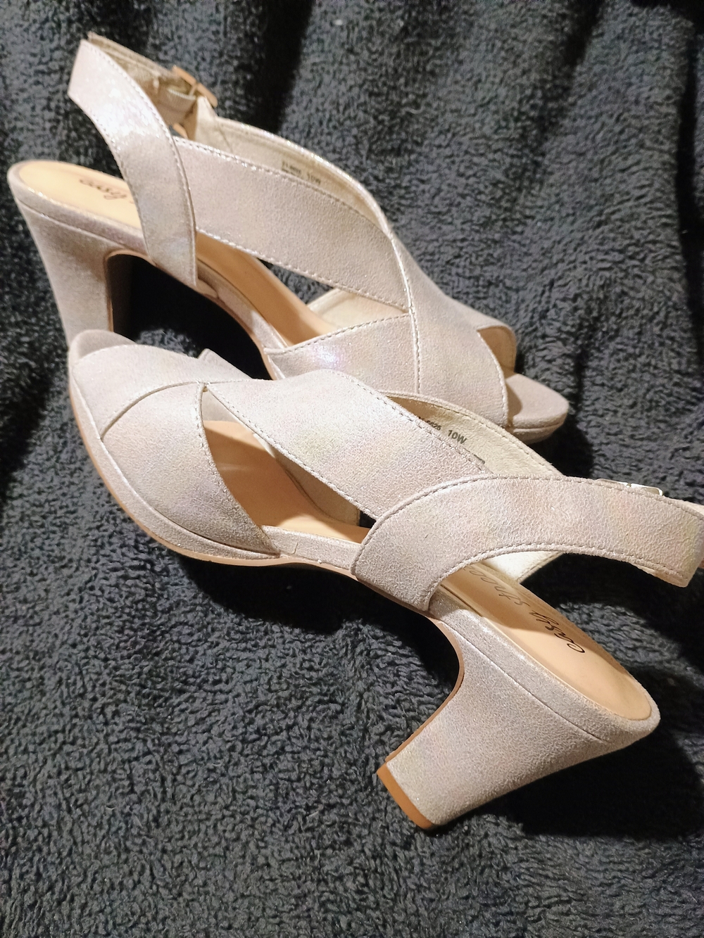City Streets Shimmery Beige Crisscross Slingback Heels